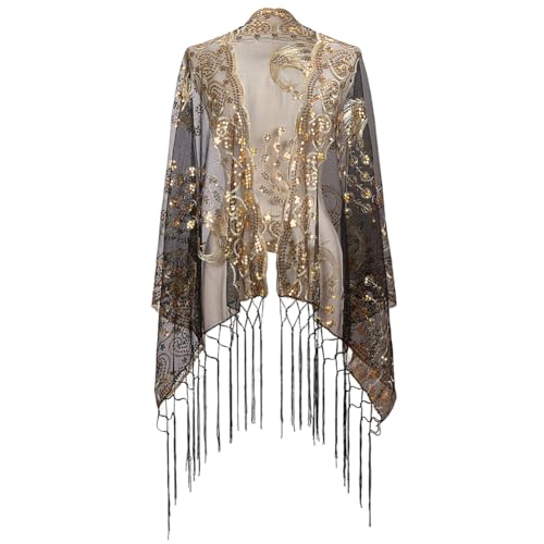 Black Floral Lace Shawl Wraps Sparkly Sequin Fringe Tassel Scarf with Gold Flower Peacock Patterns Vintage 1920S Long Chiffon Pashmina Shawls for Women Evening Dress Formal Wedding Party