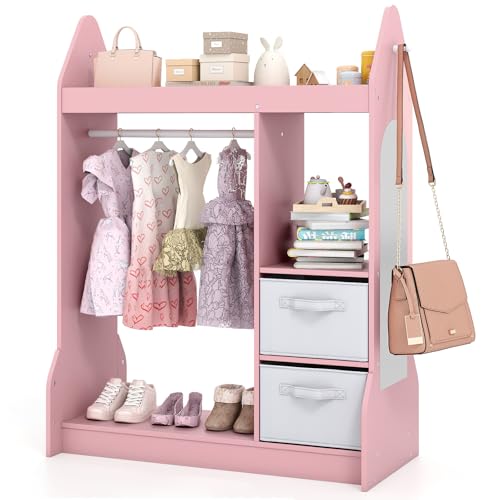 COSTWAY Portant à Vêtements Enfant avec Miroir en Acrylique & Cintre en Bois, Penderie Enfant avec 3 Étagères Ouvertes & 2 Bacs en Tissu, Garde-Robe pour Chambre...
