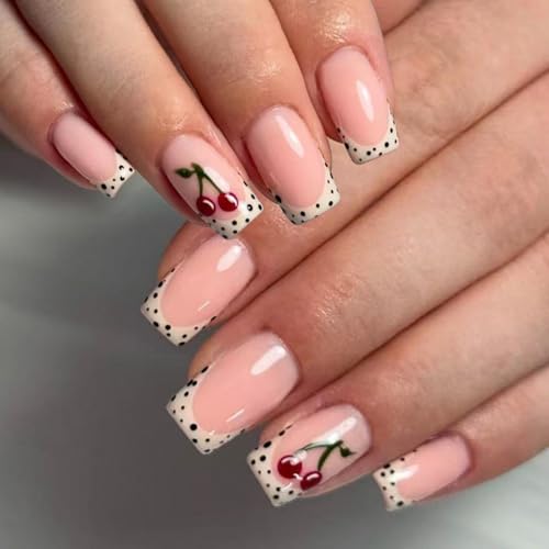 Image of Cherry Press on Nails White French Tip Fake Nails Polka dot Design Short Square Nail Press ons Reusable Nude Glossy Full Cover for Women Girls Manicure 24Pcs