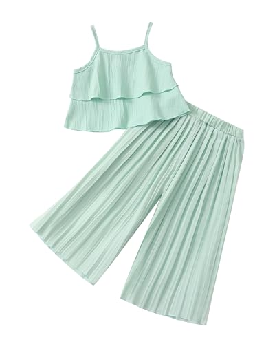 Image of Baby Girl Clothes Toddler Summer Sleeveless Ruffle Girls Outfits Pleated Wide Leg Pants Solid Color Kids Clothing Set