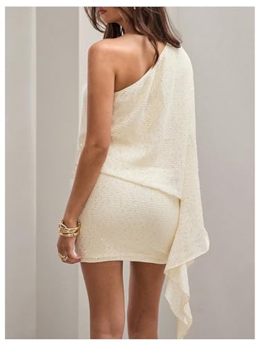 MakeMeChic Women's Party Bell Sleeve One Shoulder Dress Sequin Asymmetrical Bodycon Short Dresses2