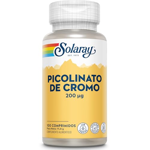 Picolinato de cromo de 200 mcg, 100 cápsulas veganas, suplemento de cromo de alta tasa de absorción, verificado en laboratorio Solaray
