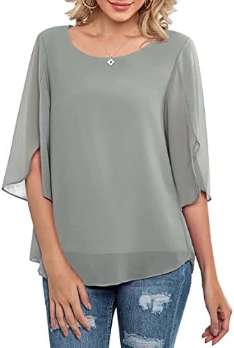 Neineiwu Women's Loose Casual 3/4 Sleeve Chiffon Top T-Shirt Blouse (Grey XXL)