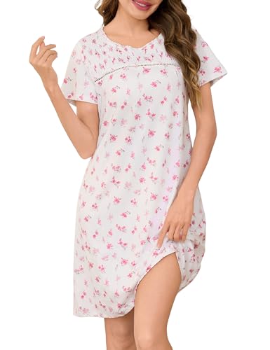 Bresdk Camisón Verano para Mujer Algodon Señora Camisones Algodon Señora Camison de Casa Suave y Transpirable(Blanco Entre Rojo,XL)