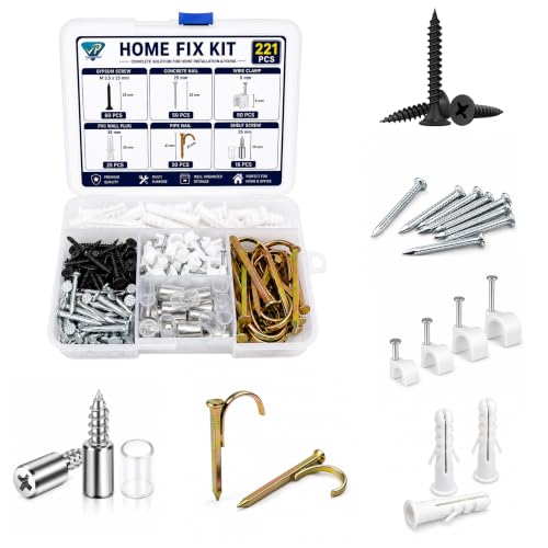 Image of By inchVP INDUSTRIES inch (221 Pcs) Home Fix Kit | All-in-One Hardware Accessories Kit for Home, Office & Factory | Screws, Wall Plugs, Wire Clamps, Concrete Nails & More