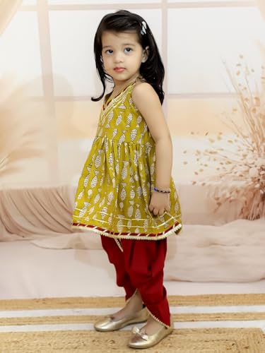 Image of BownBee Halter Neck Pure Cotton Fish Print Kurti with Harem for Girls- (Set of 1) Solid /Printed colorful full length fully stitched regular fit Ethnic wear dress for Kids