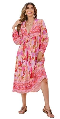 R.Vivimos Women's Long Sleeve Floral Print Retro V Neck Tassel Bohemian Midi Dresses