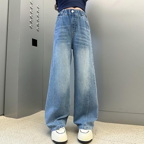 Girls Jeans Elastic Wide Leg Button Baggy Denim Pants High Waist Trousers Trendy Preppy Y2k Streetwear with Pockets3