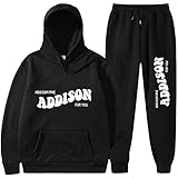 WAWNI 2020 Addison Rae Hoodies Two Piece Set Tracksuit Hoodies+Jogger Pant Street Style Women's Sets (Black,S)