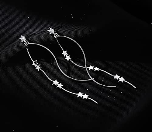 Sluynz 925 Sterling Silver Star Dangle Earrings Chain For Women Teen Girls Curve Dangle Earrings Wave Long Star Earrings Tassel (A-Silver) #TOP3