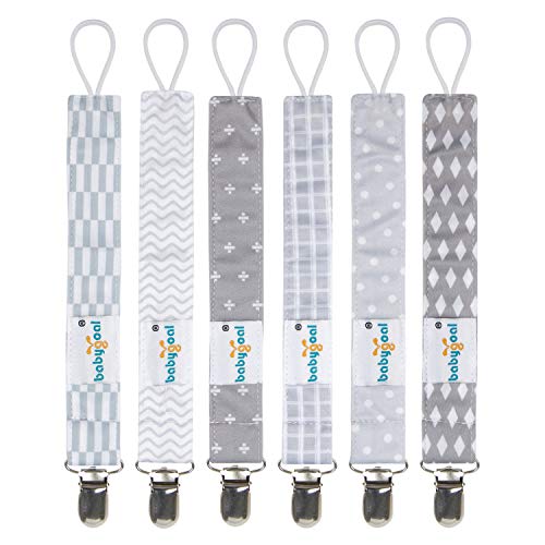 babygoal Baby Grey Pacifier Clips, 6 Pack Pacifier Holder Clip for Boys and Girls Fits for Most Pacifiers and Binkies