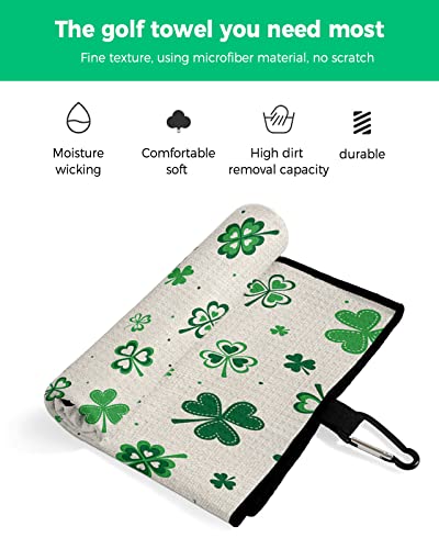 Erxpood St. Patrick's Day Golf Towel For Golf Bags With Heavy Duty Carabiner Clip Traditional Vintage Shamrock Four Leaf Clover Waffle Golf Towels For Men Women,Quick Dry Towels Retro Burlap #TOP1