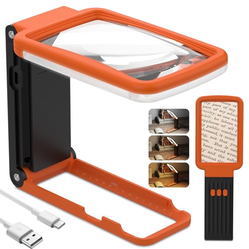 Coteck 15X Magnifying Glass with Light and Stand, Real Glass Lens, Rechargeable Foldable Handheld Magnifier, 3 Color Modes Dimmable Lighted Page Magnifier for Reading Fine Prints Seniors, Orange Black