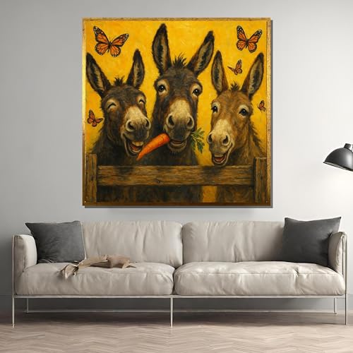TONGYINLI Esel-Poster und -Drucke, Bild: Drei Esel teilen sich eine Karotte, Leinwandbild mit fröhlichen Schmetterlingen für die Wandgestaltung im Landhausstil (45x45cm/Rahmenlos)