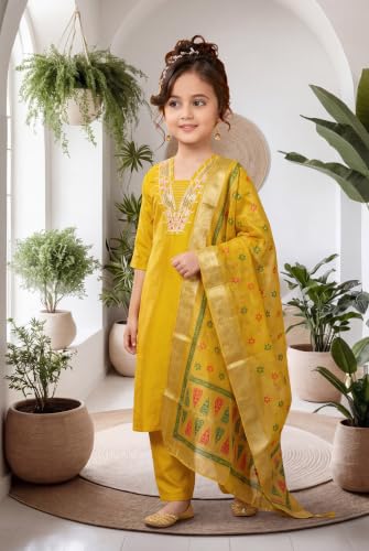Image of Girls Cotton Blend Embroidered Kurta Pant with Printed Banarasi Style Dupatta Set | Festive Ethnic Wear for Kids | Traditional Suit Set for Girls (4-14Years)