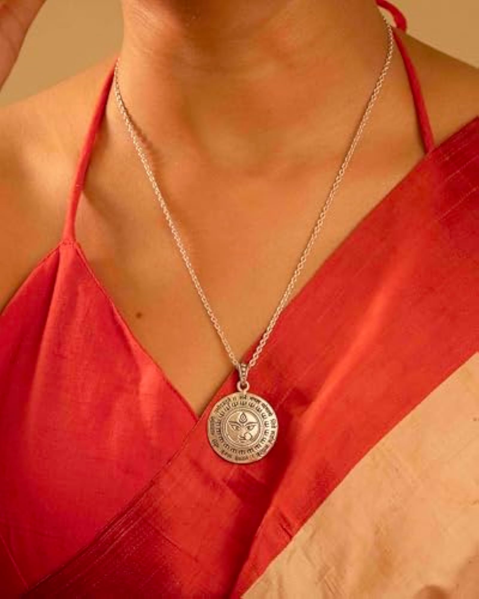 Women's Silver Chain Necklace with Durga Maa Mantra Pendant