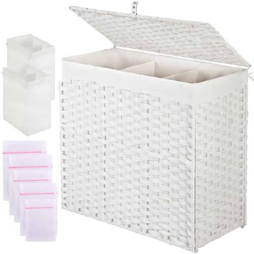 Greenstell Laundry Hamper with Lid, 125L Wicker Laundry Baskets with 2 Removable Liner Bags & 5 Mesh Laundry Bags, Handwoven Rattan Clothes Hamper with Handles for Clothes in Bathroom, Bedroom