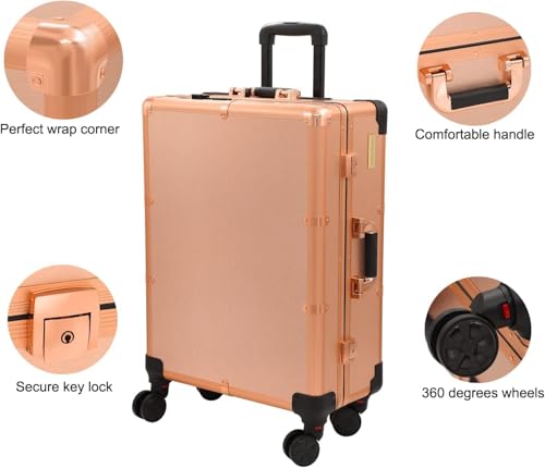 Image of Adson Rolling Makeup Trolley Makeup Box Case Train Vanity Case Storage Hairdressing Organiser for Salon, Artist Aluminum Cosmetic Storage Organizer with Light and Mirror (Rose Gold)
