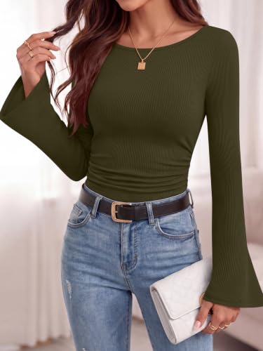 ANRABESS Women Boat Neck Bell Sleeve Shirts Built in Bra Fall Dressy Top - image 4