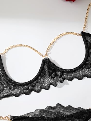 Image of Lilosy Sexy Underwire Floral Lace Sheer Lingerie Set for Women See Through Bra and Panty 2 Piece