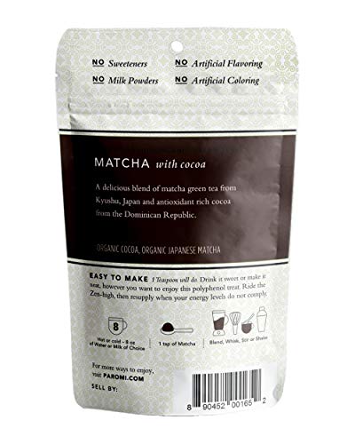 Paromi Tea Matcha With Cocoa 35 Grams, Organic Stone-Ground Organic Green Tea With Organic Cocoa, Serve Hot Or Iced, Blend, Whisk, Stir, Or Shake Into Water Or Milk #TOP3