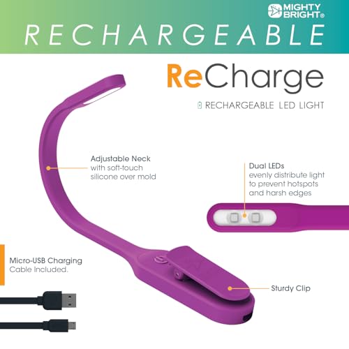 Image of The Original Mighty Bright Recharge Clip On Rechargeable Book Light Reading Light, Warm Eye Care LEDs, Flexible, Durable, Dimmable, Perfect for Kids, Bookworms, Reading in Bed, Lasts 60 Hours (Purple)