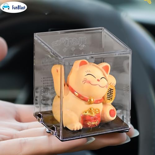 Image of FunBlast Maneki Neko Lucky Cat, Waving Arm Solar Powered Good Luck Wealth Welcoming Display Car Decor Paw Up with Arm, Decor Item for Home, Office and Car (Yellow)