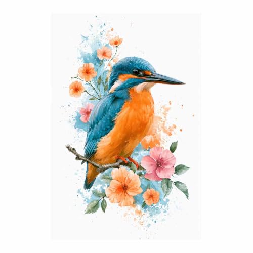 Peinture martin-pêcheur aquarelle décoration murale bureau 80x120cm