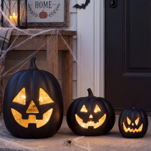 Vicenpal 3 Pcs Resin Halloween Pumpkin Decorations Light up Pumpkin Lantern Vintage LED Terracotta Halloween Lights Decor for Fall Home Porch Front Door Mantel Room Decorations(Black)