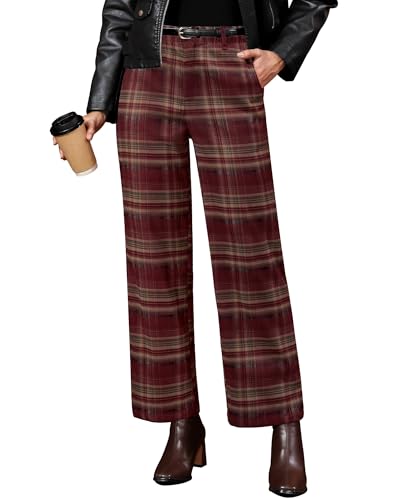 GRAPENT Womens Casual Pants Dress for Women Dressy Women's High Rise Wide Leg Checkered Plaid Pants, Wine Red & Khaki, M, US Size 8 to 10