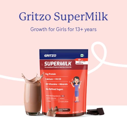 Image of Gritzo SuperMilk Growth (13+ Girl), Double Chocolate, 800g | 12g Protein with 20 Vitamins & Minerals | Zero Refined Sugar