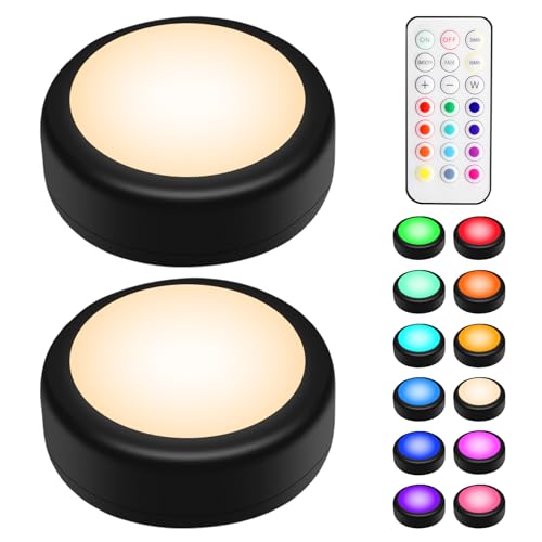 Image of BLS LED Puck Lights with Remote, RGB 13 Color Changing Under Cabinet Lighting Wireless, AA Battery Operated, Tap, Touch, Push Stick on Lights for Closet, Kitchen, Night, Dimmer & Timer, Black, 2 Pack