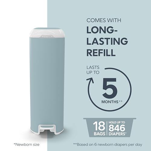 Image of Diaper Genie Platinum Pail (Glacial Blue) is Made in Durable Stainless Steel and Includes 1 Easy Roll Refill with 18 Bags That can Last up to 5 Months.
