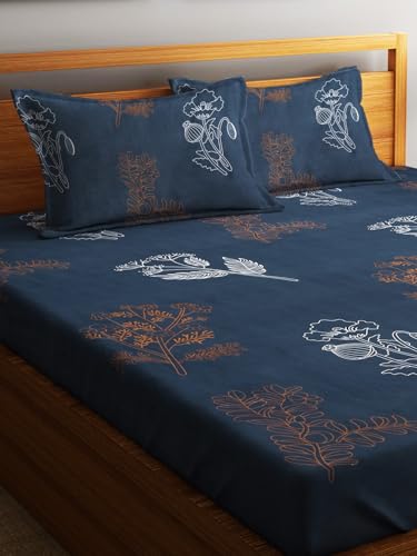 Image of Home Sizzler 210TC Midnight Bloom Elastic Fitted Double Bedsheet (72X78 Inch) with 2 King Size Pillow Covers, Blue