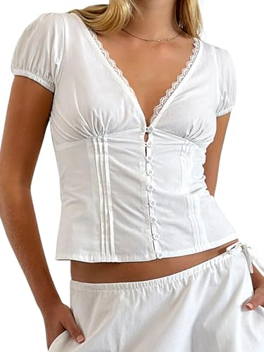 Women Y2K Plaid Button Down Shirt Coquette Short Sleeve V Neck Blouses Top Vintage Preppy Crop Shirt Tops