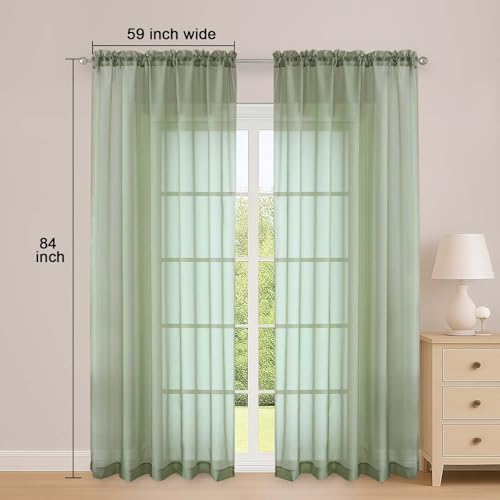 Image of OWENIE Sheer Curtains 84 Inches Long 2 Panels Set, Sage Green Sheer Curtain for Living Room Bedroom, Modern Filmy Rod Pocket Curtains Drapes, 2 Pcs, Each 59 W x 84L, Sage Green