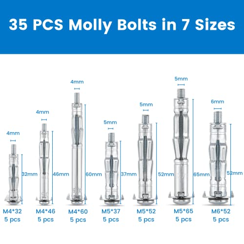 Akktol Hollow Plaster Wall Drywall Anchor Setting Tool With 35 Pcs Molly Bolts In 7 Sizes Heavy Duty, Storage Box Included #TOP2