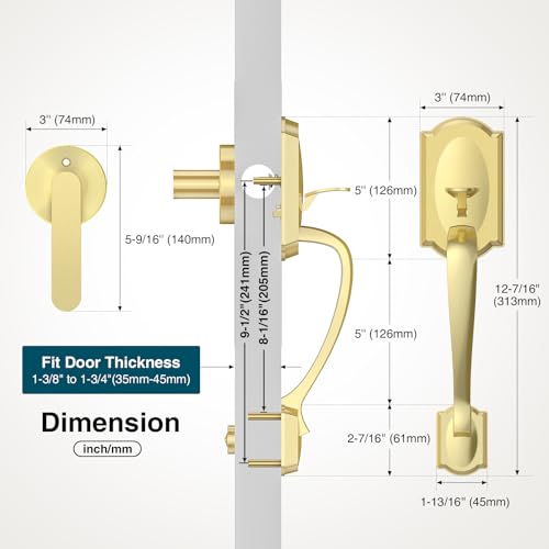 Image of Front Door Handle, Gold Exterior Door Handle with Passage Lever, Vintage Front Entry Door Handle No Lock, Reversible for Left & Right Handed Doors, Lower Half Grip, Satin Brass