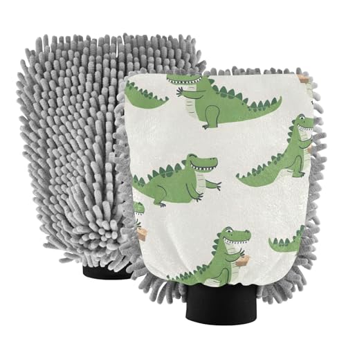 ALAZA Crocodile Animal Car Wash Mitt Scratch Free, 2 Pack Absorbent Microfiber/Chenille Washing & Drying Mitts, M
