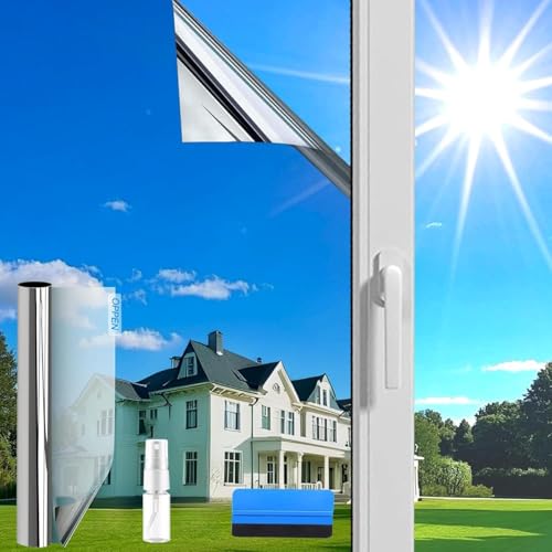 Evofensteere(44.5X200cm Silver) One Way Window Film Privacy Film Sun Blocker Anti Glare UV Window Film Self Adhesive for Home and Office with Tools Heat Reflective Mirror Window Tint Film Anti Glare