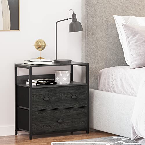 Furologee Nightstand With 3 Drawers, Dresser With Storage Shelf, Bedside Table/Closet Organizer, Rustic Fabric Linen Bins & Wooden Top For Bedroom, Hallway, Hotel (Black Oak) #TOP1