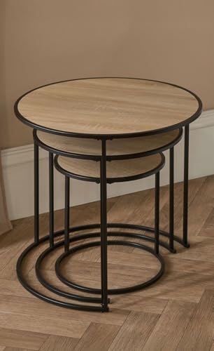 OHS Nest of Tables Set of 3 Manhattan Stacking Side Table Living Room Wooden Stylish Decorative Coffee Table Sturdy Metal Frame Home Interior Easy Assembly Round Nesting Tables Light Wood