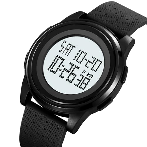 carlien Multifunctional Student Watch Leisure Sports Watch Student Electronic Watch Time, Date, Alarm, Stopwatch, Luminous Display, 12/24 Hour Mode, TPU Strap (Black - White)3