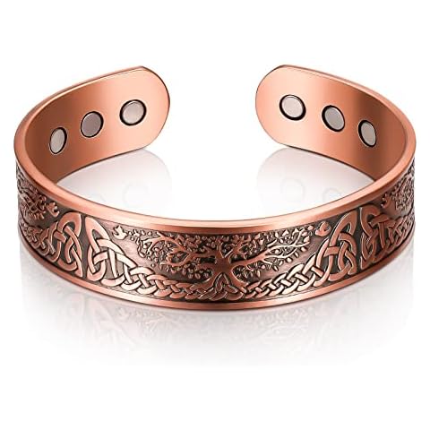 Copper Magnetic Bracelet for Men Women Life Tree Copper Bracelet Solid Cuff Bangle with 6 Magnets Red Copper Magnet Energy Bracelet, Adjustable Size with Velvet Bag (Bronze) Cover