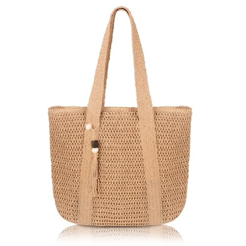 Bolso tote grande tejido de paja para mujer con sombrero miniatura 1