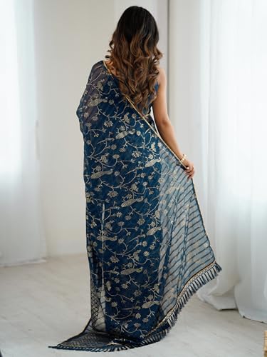 Image of Satrani Women's Georgette Foil Printed Gota Lace Self- Woven Saree with Unstitched Blouse Piece