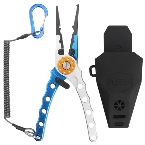 Miruchertter Alicates de pesca resistentes al agua salada, alicates de pesca de aluminio, cortador de líneas, removedor de ganchos, alicates de anillo dividido con cordón en espiral y vaina,