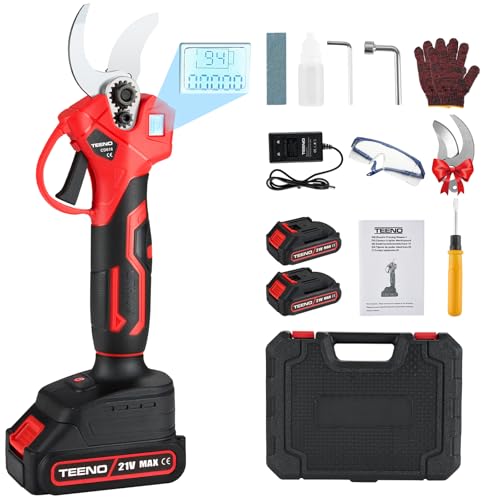TEENO Tijeras De Podar Electricas, con Baterías 2 x 2000 mAh, 30 mm，de Tijeras de Podar con Display, SK5 hoja afilada, motor sin escobillas, podar Electricas, para jardinería, vid, árbol frutal