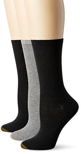 Gold Toe Women's Non-Binding Flat Knit Crew Sock 3-Pack, Black/Charcoal Black, Shoe Size: 6-9/socks size: 9-11