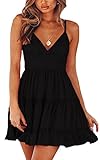 ECOWISH Womens V-Neck Spaghetti Strap Bowknot Backless Sleeveless Lace Mini Swing Skater Dress Black Large